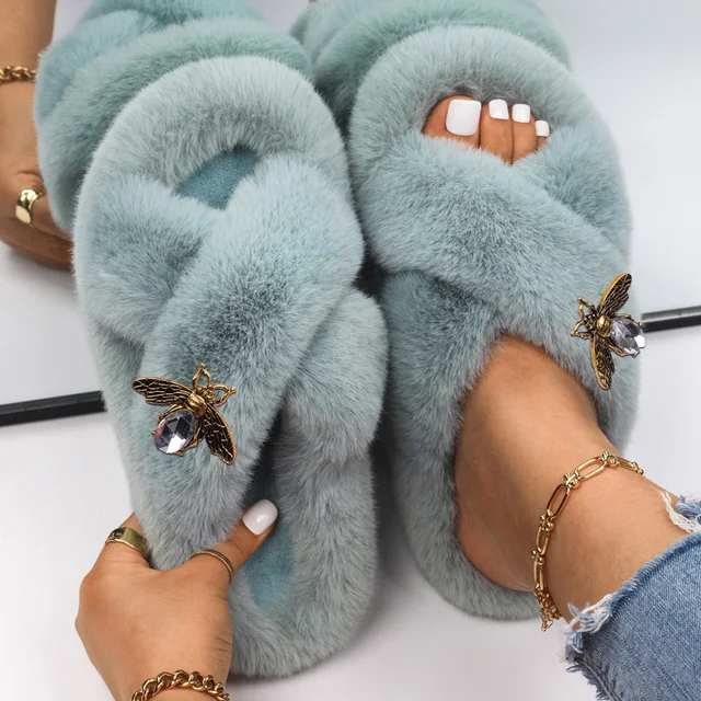 Slippers Women Furry Slides Fashion Rhinestone Letter Fluffy Flip Flops Ladies Winter Slippers Platform Sandals Female Shoes Blue3
