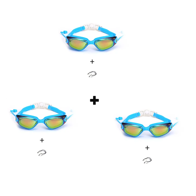 3 PCS  Professional Swimming Goggles Set Earplugs Waterproof Glasses Electroplate Anti-Fog Anti-UV Pull Buckle Adult Silicone sky blue