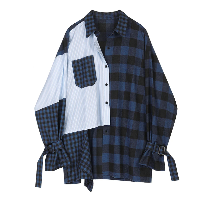 [EAM] женская синяя полосатая Клетчатая блуза большого размера, новая свободная рубашка с отворотом и длинным рукавом, модная весенняя Осенняя 1D356 - Цвет: blue