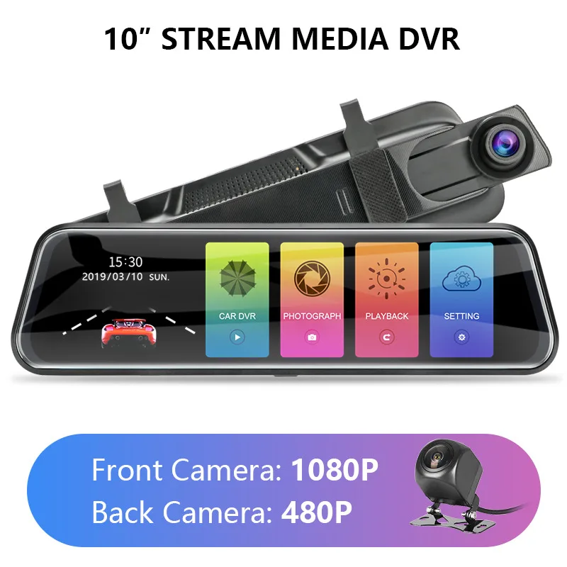 Jansite 10-дюймовая шпилька для Сенсорный экран 1080P Видеорегистраторы для автомобилей потоковый медиа-камера с углом обзора в Двойной объектив видео Регистраторы зеркало заднего вида 1080p камера заднего вида - Название цвета: Two camera lens