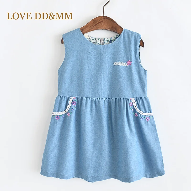LOVE DD&ampMM Girls Dresses Children's Wear Pocket Flower Embroidery Round Neck Sleeveless Denim Dress | Детская одежда и