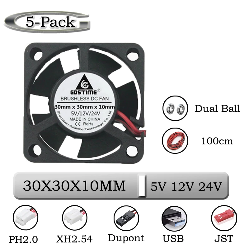 5 шт. Gdstime DC 24 в 12 В 5 в 3 см 30x30x10 мм 2Pin шарикоподшипник портативный вентилятор охлаждения Dupont 2,54 2,0 30 мм x 10 мм охладитель 3010