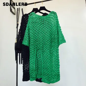 

Loose Round Collar Long Pull Hook Flower Sweater Coat Women Seven Sleeve Hollow Out Sweater Knitted Shirt Holiday Streetwear