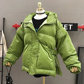 

2019 New Autumn Winter Women Cotton-padded Coats Slim Waist Hooded Long Sleeve Outwear Bright Silk Female Wadded Jackets