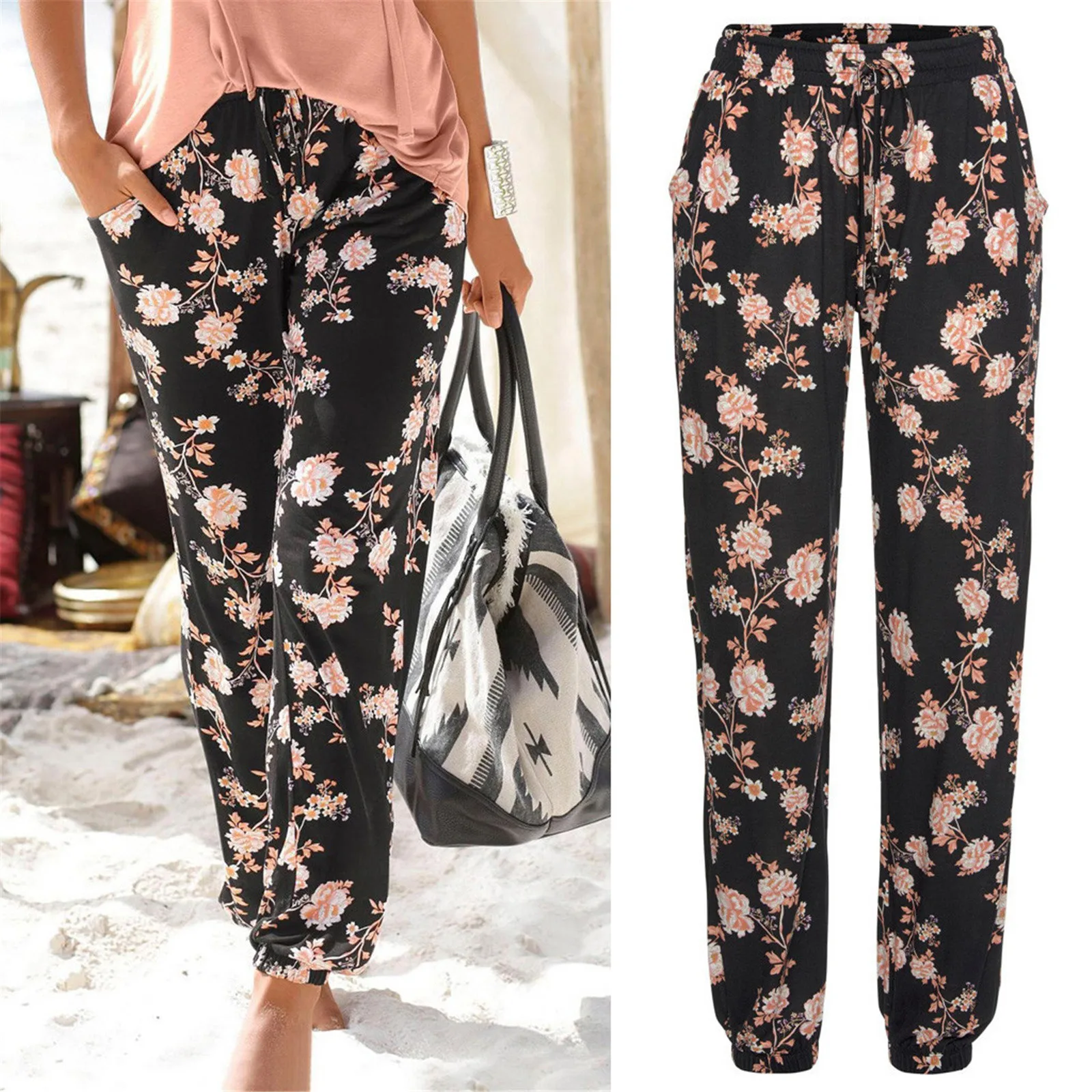 

Summer New Vintage Boho Wide Leg Pants 2021 High Waist Loose Floral Print Long Women Trousers Casual Lady Holiday Beach Pants