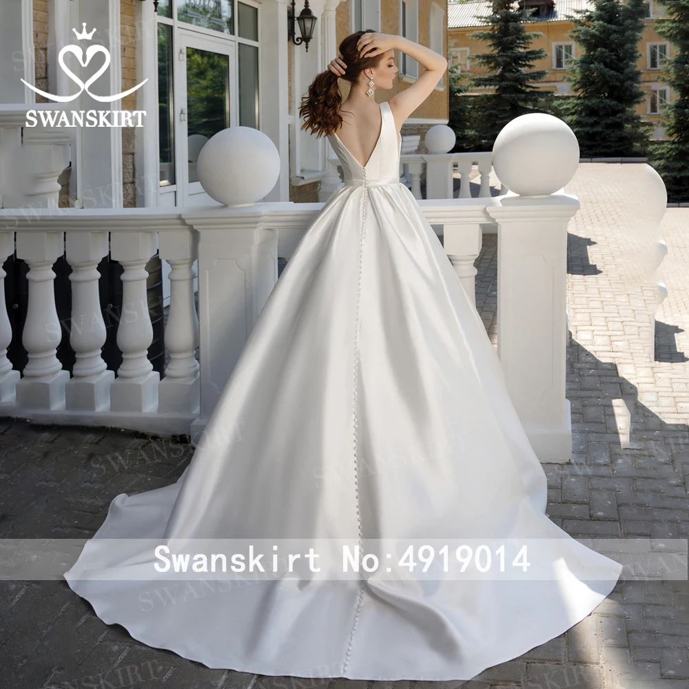 Простой сатин свадебное платье Swanskirt M129 элегантный v-образным вырезом A-Line Кнопка спинки принцесса свадебные платья под заказ Vestido de novia