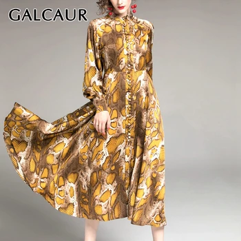 

GALCAUR Vintage Print Dresses For Female Stand Collar Lantern Sleeve High Waist Lace Up Asymmetric Midi Dress Female 2020 Tide