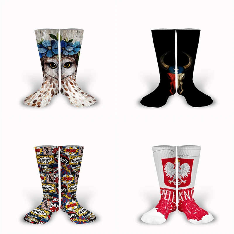 Дизайн, 3D принт, для взрослых, персональные носки с животными, унисекс, длинные носки с рисунками комиксов быка, совы, польского флага