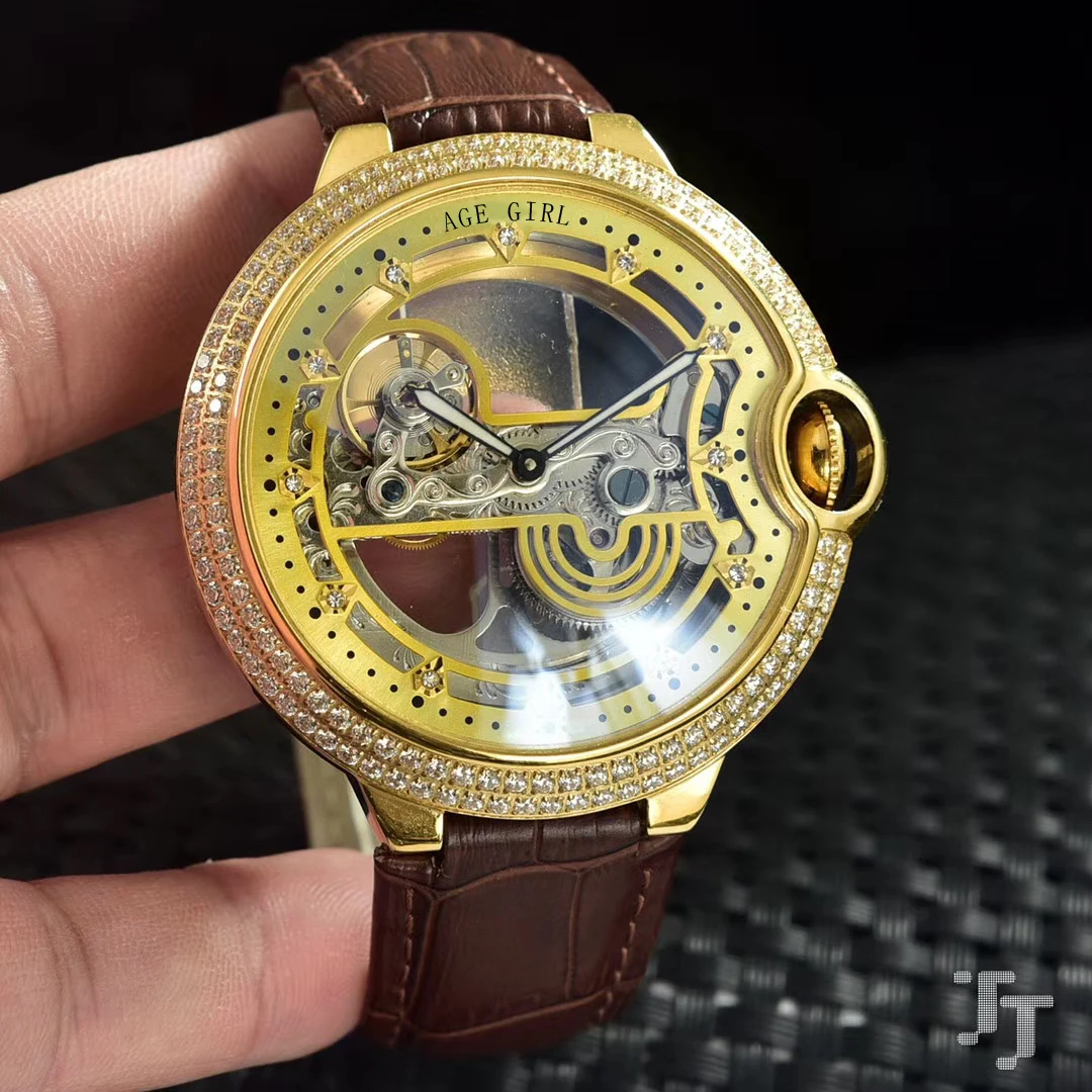 Yellow Gold Роскошные брендовые новые мужские черные коричневые кожаные с бриллиантовым ободком автоматические механические часы из нержавеющей стали с каркасом турбийном сапфиром - Цвет: Yellow Gold