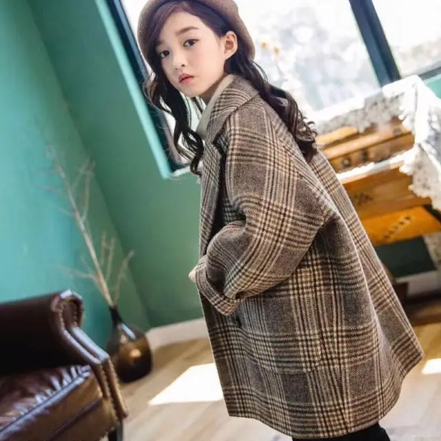 Фото платье для девочек в клетку шерстяное пальто корейском стиле