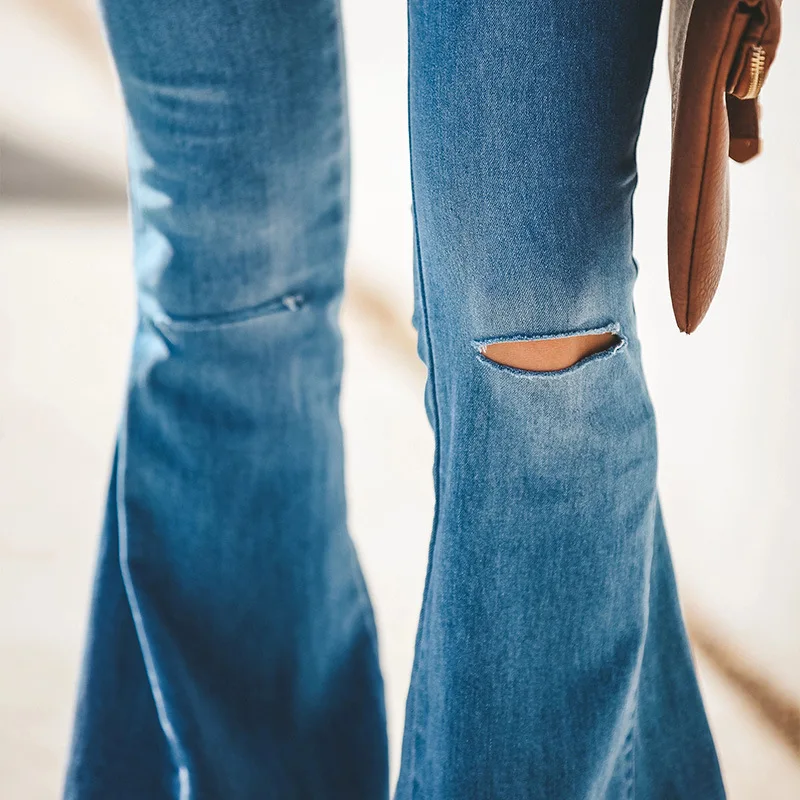 Тянущиеся Длинные Большой колокольчик джинсы с кроем для женщин Высокая талия широкие расклешенные джинсы мама джинсы с рваными коленками джинсы женские эластичные джинсовые брюки