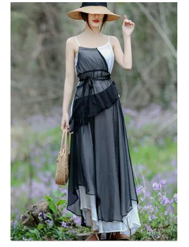 

High quality women clothes luxurious dresses silk sling one piece dress summer long robe