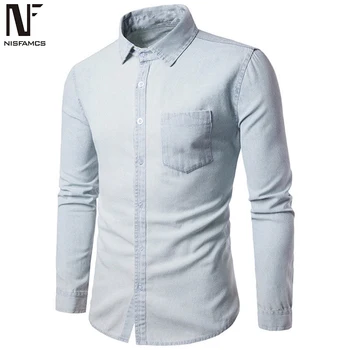 

Slim Fit Denim Shirt High Quality Male Blouse Solid Color Clothes Autumn Wear Shirts Long Sleeve Handsome Boy Party Casual Blusa