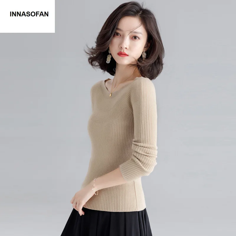 

INNASOFAN slim sweater women Autumn Winter knitted long-sleeved sweater Euro-American fashion chic elegant solid color sweater