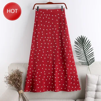 

New women's skirt red white black high waist Retro Love printed long Casual elegant chiffon A-line skirt Spring summer