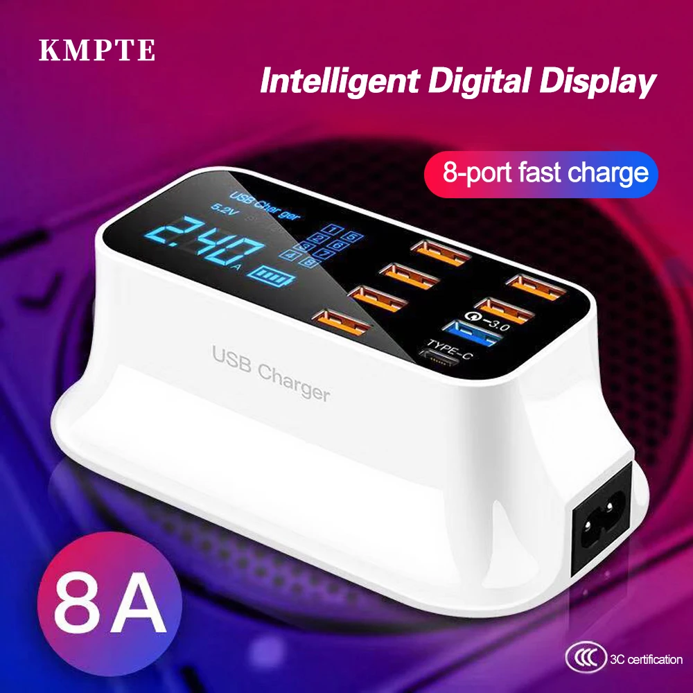 8 Ports QC3.0 PD Type C USB Charger LED Display For Android iPhone Adapter Phone Tablet Digital Display Quick Charge For Samsung