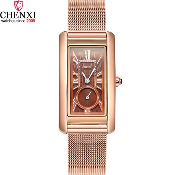 

CHENXI Popular Rose Women Casual Watches Unique Rectangle Roman Numeral Blue Pointer Stop Watch Waterproof Elegant Lady's Clock