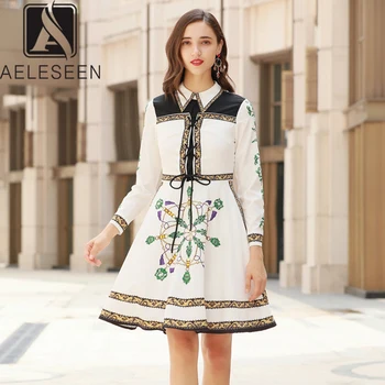 

AELESEEN New Fashion 2019 Autumn Office Lady Dresses Women Runway Printed Empire Adjustable Bust Ivory Above Knee Mini Dress