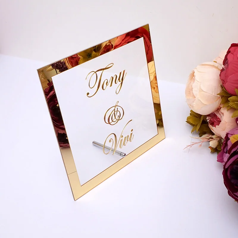 Custom Wedding Bride Name Mirror Frame Acrylic Mirrored Welcome Guests Word Sign Party Decor Favor Plate with Nail Any Language