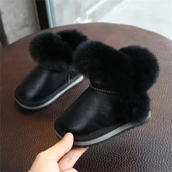 Black boots Зимние сапоги для девочек, кожаные детские зимние сапоги для малышей, водонепроницаемые теплые плюшевые детские сапоги принцессы, размер 21-30 - Цвет: Black boots