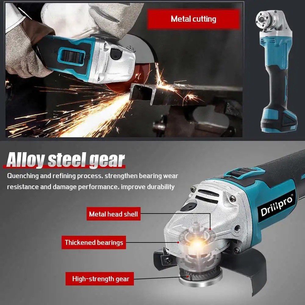 Drillpro Brushless Electric Angle Grinder Cordless 125MM Cutting Machine Wood Cutting Disc Power Tool For Makita 18V Battery