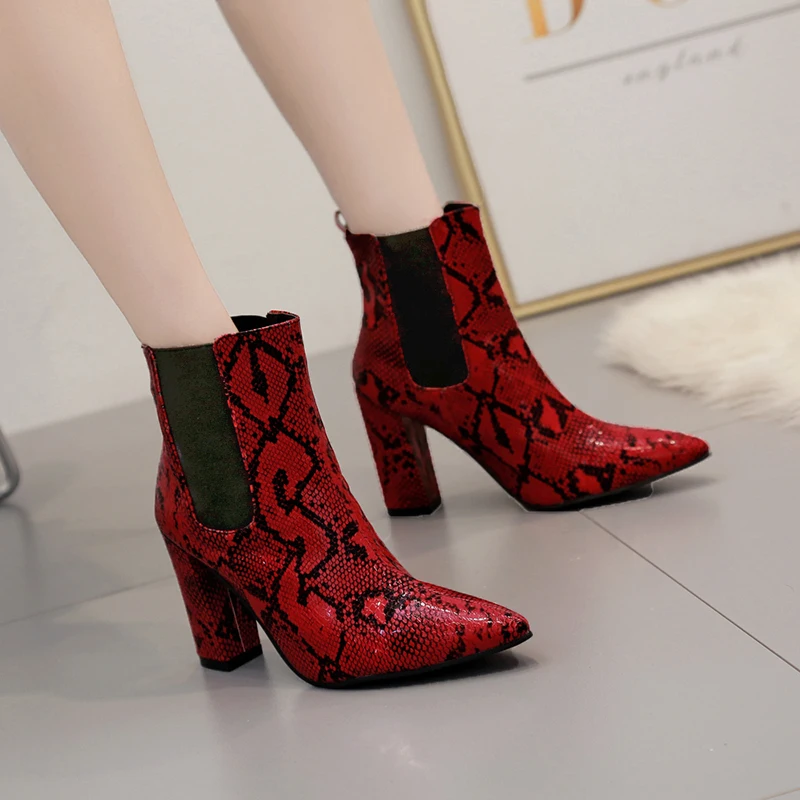 

Shoes Women Chelsea Boots Snake Prints Pointed Toe Ankle Boot High Heels Short Booties Ladies High Quality Zapatos De Mujer