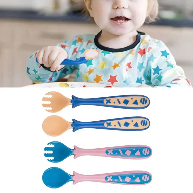 Baby Utensils Feeding Spoon Fork Set Travel Safe Case Toddler Babies Easy Grip Heat-Resistant Children Feeding Training Spoon