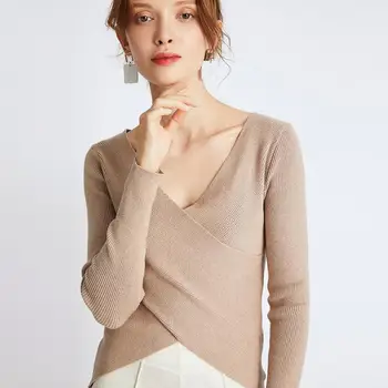 

V-neck Pullovers Women 2019 Stretch Sweaters Female Knitting Shirts Ladies Fashion Knitted Tops Bottoming Mujers Sweaters White