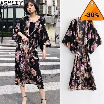 

Women Vintage chic Floral Print Sashes bohemian Kimono Ladies V Neck batwing Sleeves rayon cotton Boho robe