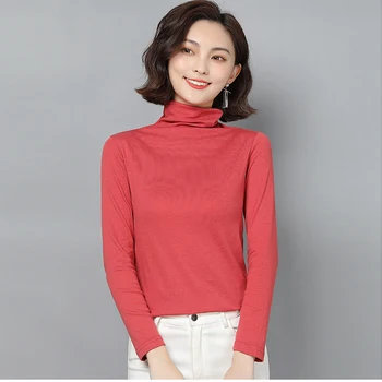 

AOSSVIAO T Shirt Women New t-shirts women 2020 vogue Vintage tshirts Knitted cotton women Turtleneck Long Sleeve tops