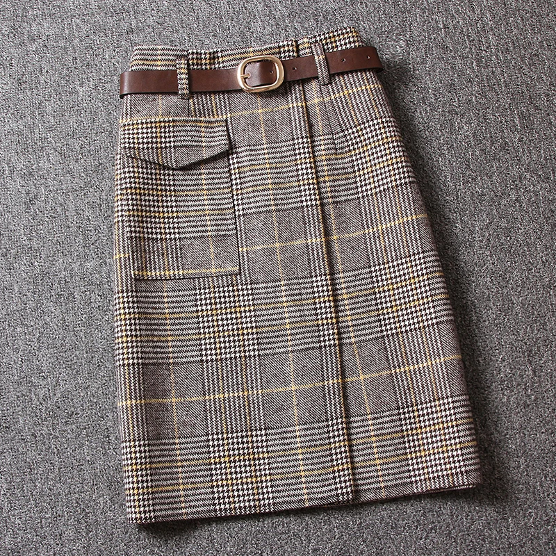 Heydress осенние клетчатые женские шерстяные юбки Модные Винтажные тонкие женские элегантные прямые юбки Повседневные уличные модные женские низ - Цвет: khaki
