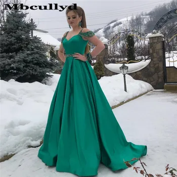 

Mbcullyd Green Satin Evening Dresses With Beading Crystal 2020 A Line Graduation Prom Dress Formal vestidos de fiesta de noche