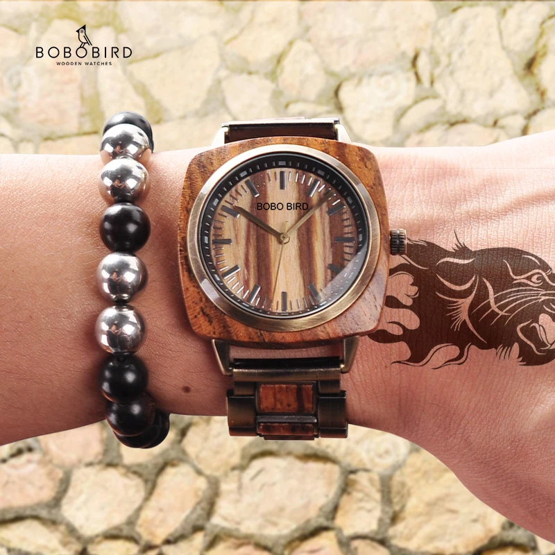 BOBOBIRD Модные мужские наручные часы из дерева и нержавеющей стали reloj hombre Рождественский подарок с бамбуковой коробкой капельками L-T06-1