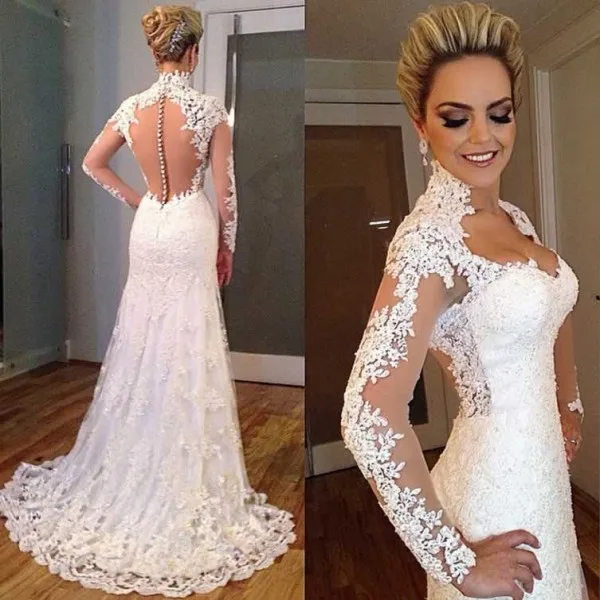 Vestido De Noiva, сексуальное платье с длинным рукавом, прозрачное, кружевное, бисерная аппликация, узкое платье для невесты, платья для матери невесты