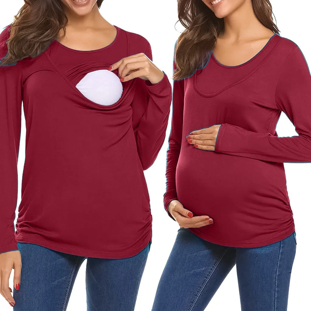 

FASHION Women Solid Pregnant Top Nusring Maternity Breastfeed O-Neck Long Sleeve Blouse Pregnancy Tops zwangerschaps kleding @40
