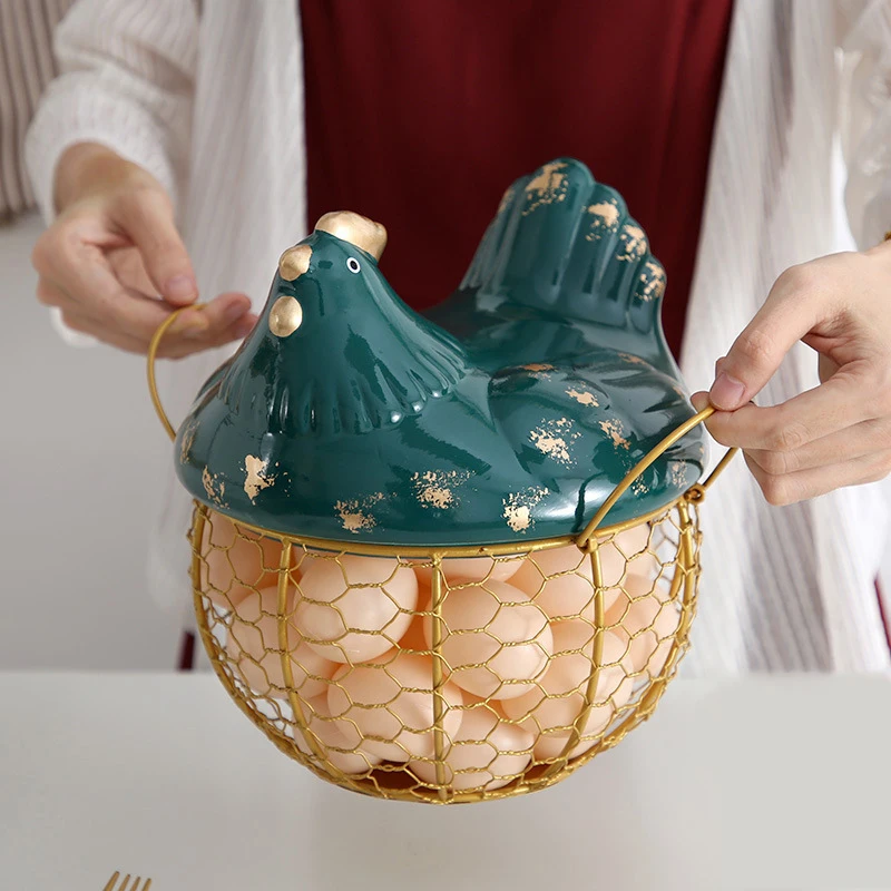 Ceramic Hen Egg Organizer Storage Basket Fruit Snacks Container Box