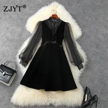

2020 New Autumn Winter Runway Fashion Lantern Sleeve Mesh Lace Patchwork Sexy Black Mini Party Velvet Dress Women Vestidos