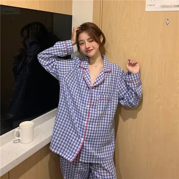 

2020 autumn and winter New loose casual long-sleeved trousers pajamas set Plaid simple home clothes night suits pajama set women