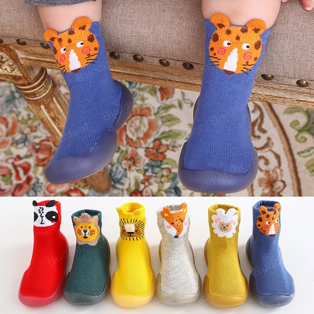 Chaussettes avec semelles en caoutchouc pour tout-petit, chaussons avec  animaux, renard, bébé garçon, chaud, pour