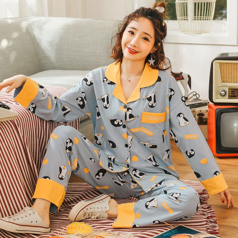 

8719 # Color Block Penguin Cm Cardigan Long Sleeve Oufan Sweet Pajamas Tracksuit Piece Series