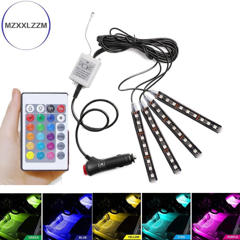 4 шт., автомобильные RGB светодиодные полосы, цветные декоративные атмосферные лампы, лампа для ног, автомобильный Стайлинг, декоративный светильник для салона автомобиля с пультом дистанционного управления 12 В