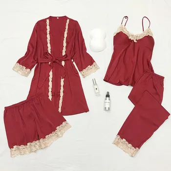 

Pajamas Set Women Satin Sleepwear 4PCS Sleep Set Silky Kimono Bathrobe Gown Lace Patchwork Intimate Lingerie Pijamas Homewear