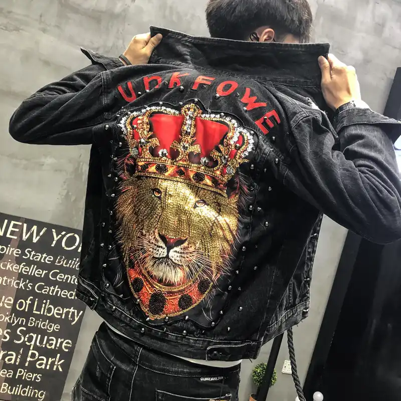 denim jacket with lion on back