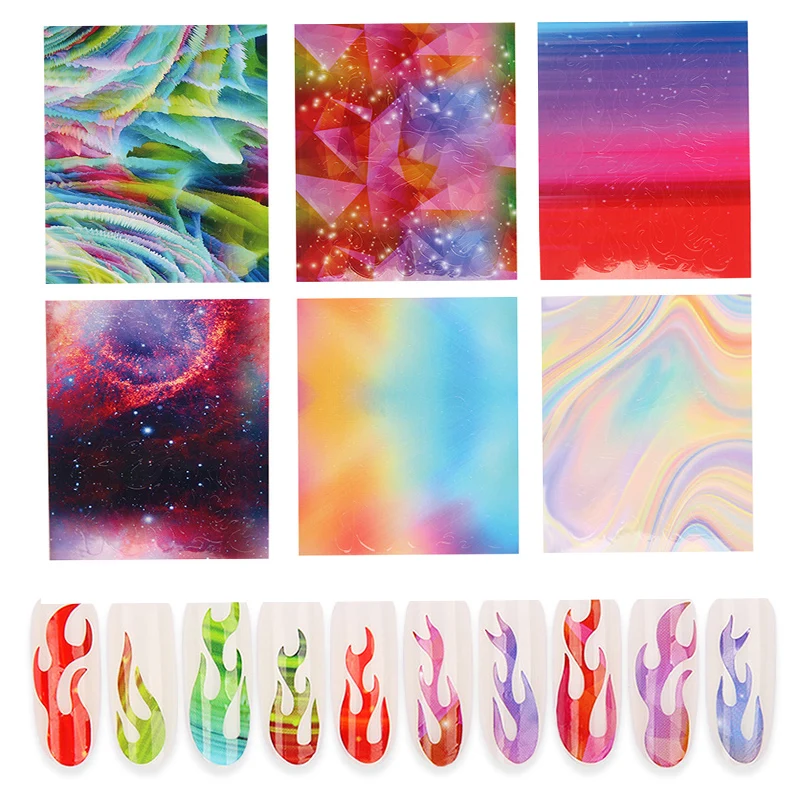 

6Pcs/Set Aurora Flame Nail Sticker Self Adhesive Thin Laser colorful Stripe Xmas Gift Manicure Water Accessory 3D Nail Sticker