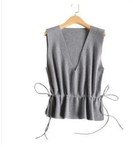 Light Grey GCAROL, новинка, женский жилет с глубоким v-образным вырезом, 30% шерсть, на завязках, на талии, короткий вязаный жилет, Осень-зима, корейский, мягкая ручка, OL жилет, пальто - Цвет: Light Grey