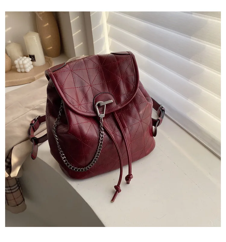Women's Fashion Soft Leather Backpack With Chain Female Large Capacity Geometric Backpack Purse Girls Travel Bags Black Wine red (4)