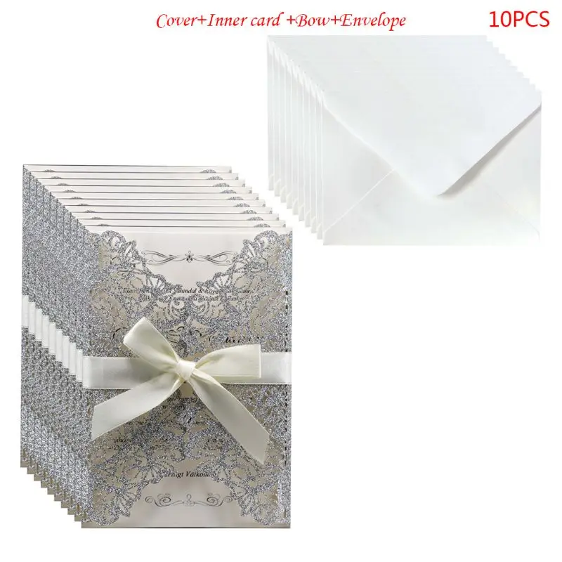 10pcs/set Laser Cut Glitter Lace Wedding Invitation Cards With Bow Ribbon Envelopes For Bridal Shower Engagement Birthday - Цвет: Серебристый