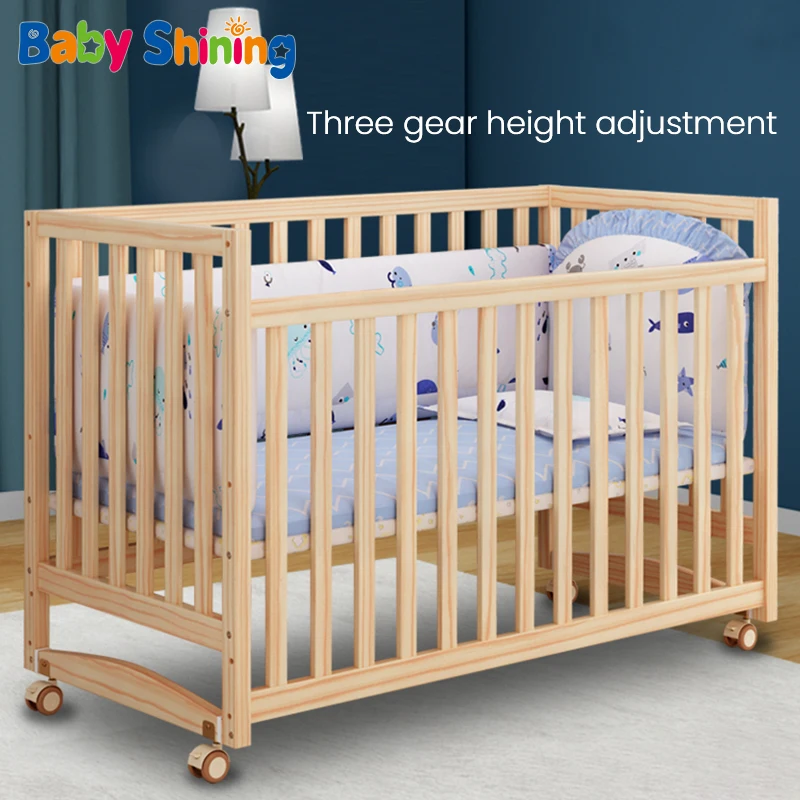 Baby Crib Stitching Big Bed Newborn Small Solid Wood Unpaint Children's Sleep Movable Cradle With Wheels Adjustable Height | Мать и