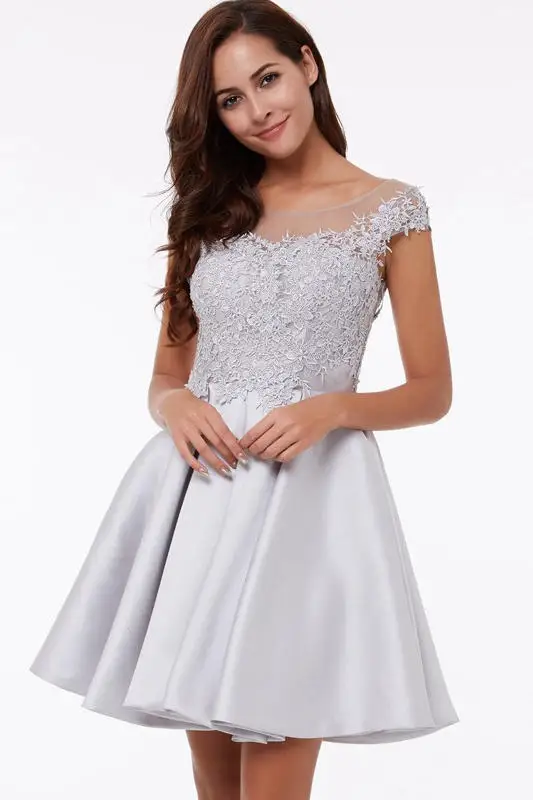 Vestidos fiesta boda новые кружевные Сатиновые платья подружки невесты с коротким рукавом и низким вырезом на спине A Line Серебряные платья длиной до колена sukienka wesele