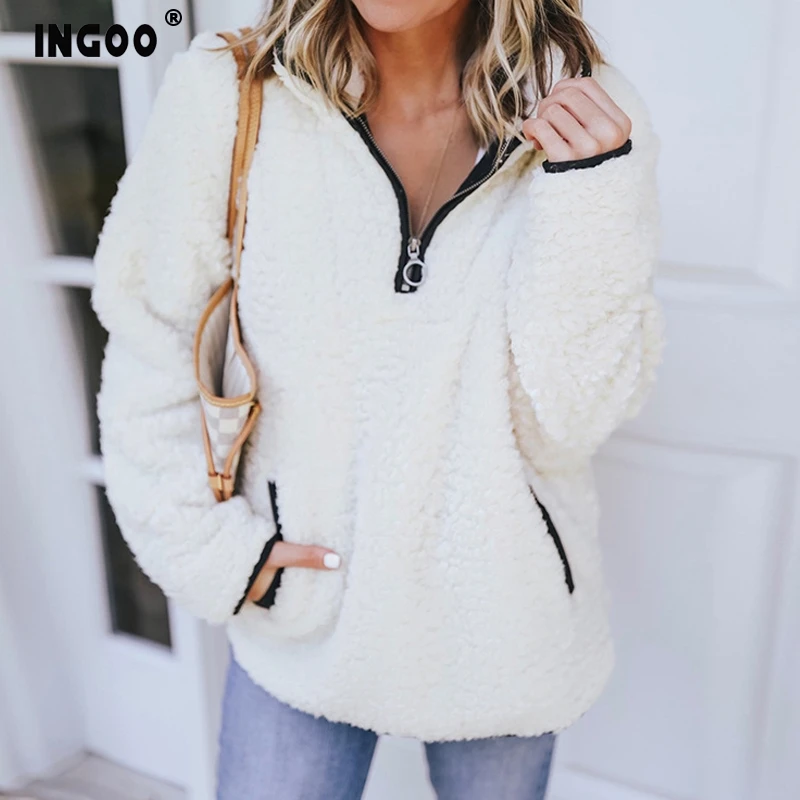  INGOO Zip Winter Fleece Wool Hoodies Women Warm 2019 Long Sleeve Turtleneck Pocket Loose Pullover A